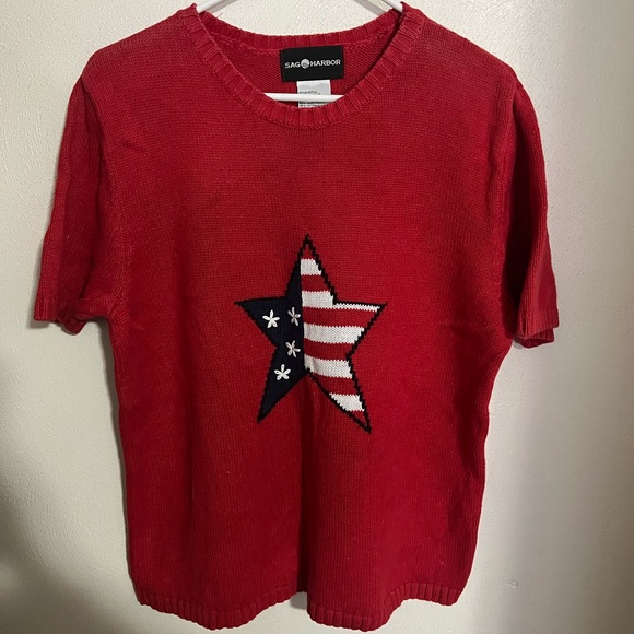 SAG HARBOR Vintage 90's Short Sleeve Knit Americana Sweater Red White Blue Wms L - Picture 1 of 5